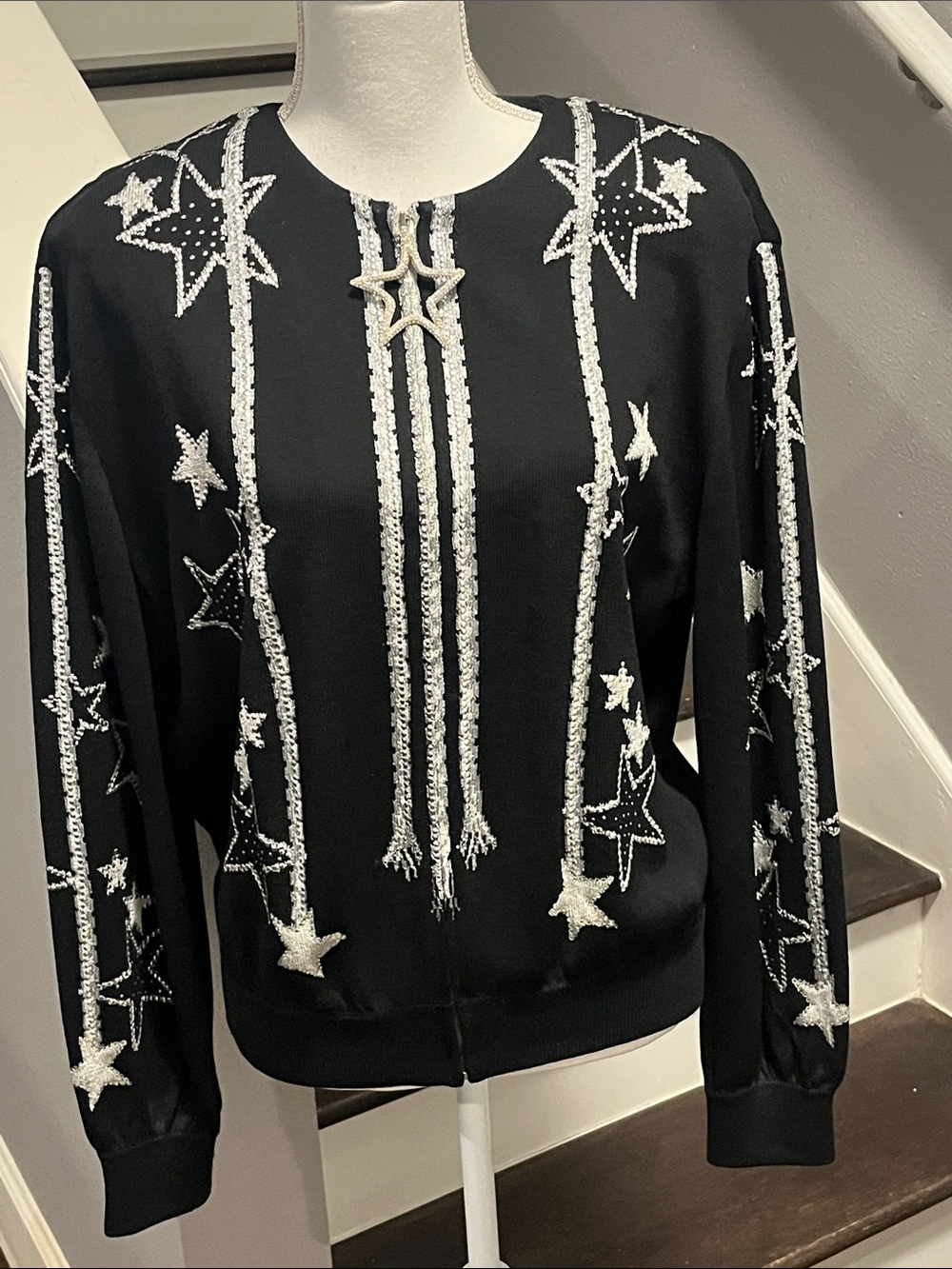 St. John Evening Black Bomber Jacket with Silver Star Embellishments. Vintages M